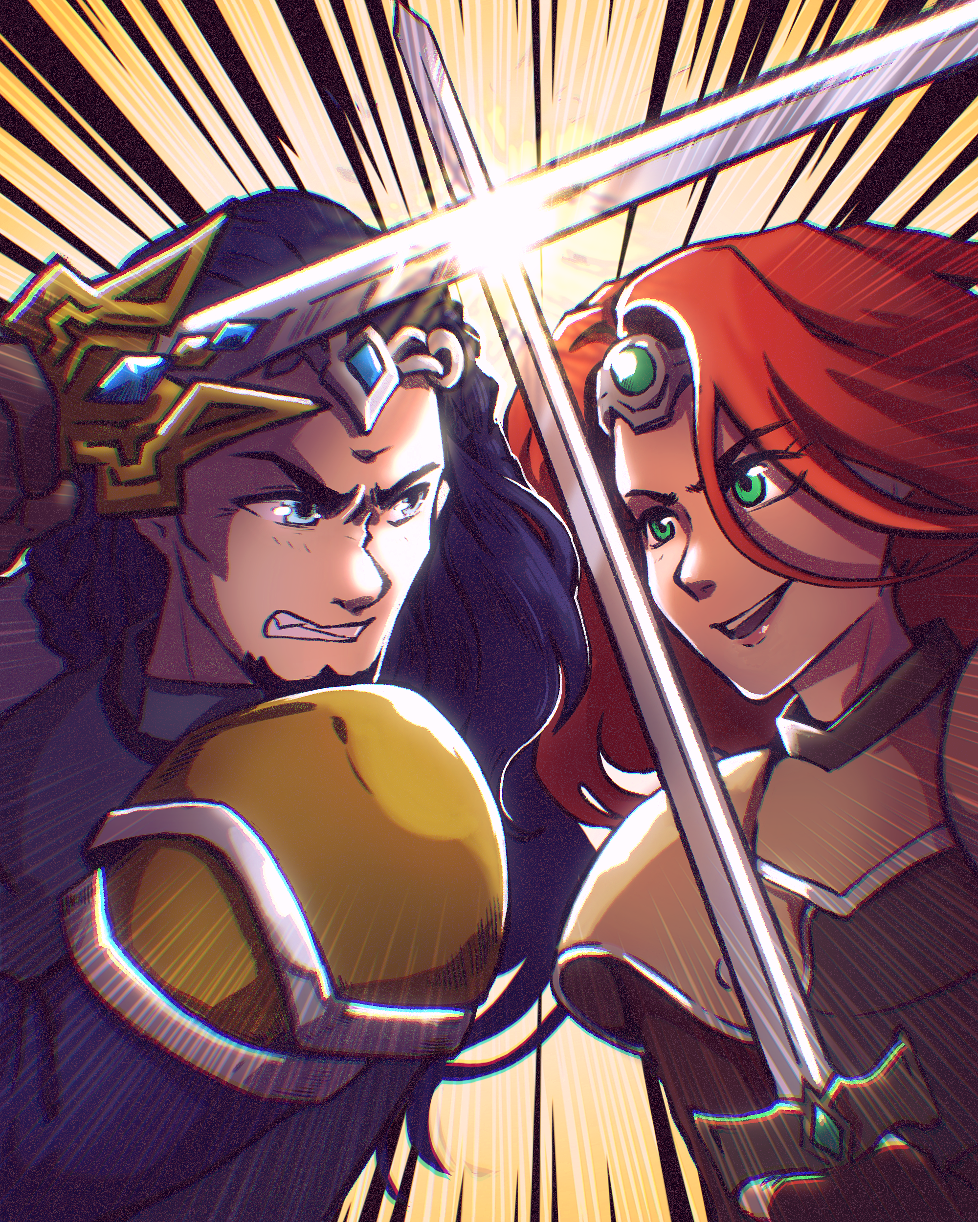 Alya, a woman with short red hair and green eyes, clashes swords with Arvel, a man with grey eyes and long, black hair. Arvel is wearing steel armor with gold accents, and Alya is wearing leather armor.