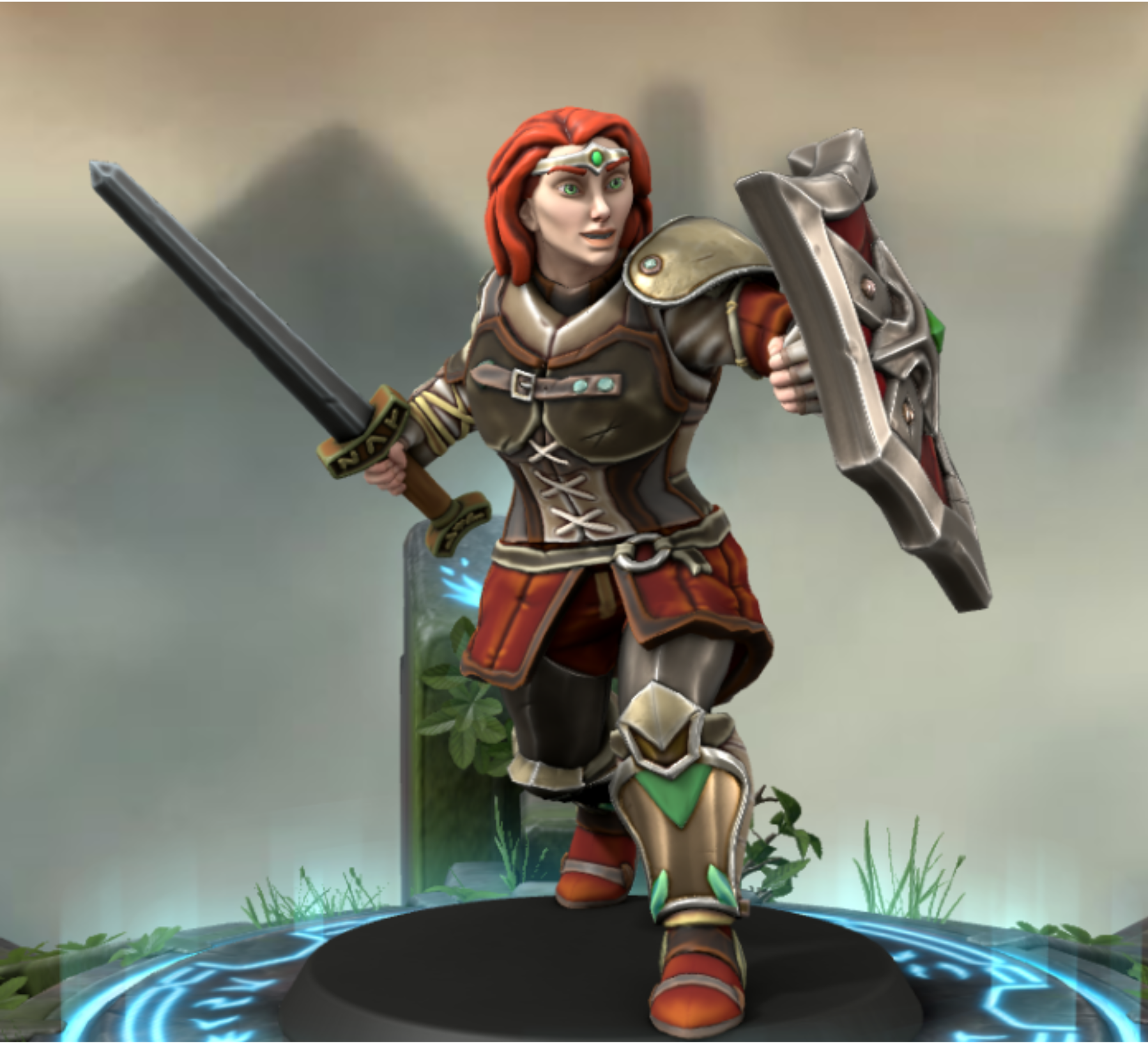 A woman with red hair, clad in leather armor, wielding a sword and a shield. She also wears a headband with a green gem in the middle.